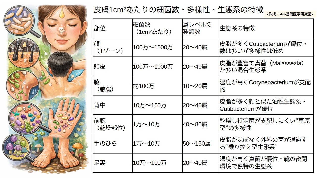 皮膚1cm²あたりの細菌数・多様性・生態系の特徴